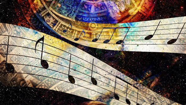 Ancient Mayan Calendar and  Music note, Cosmic space with stars, abstract color Background, computer collage. - Zdjęcie, obraz