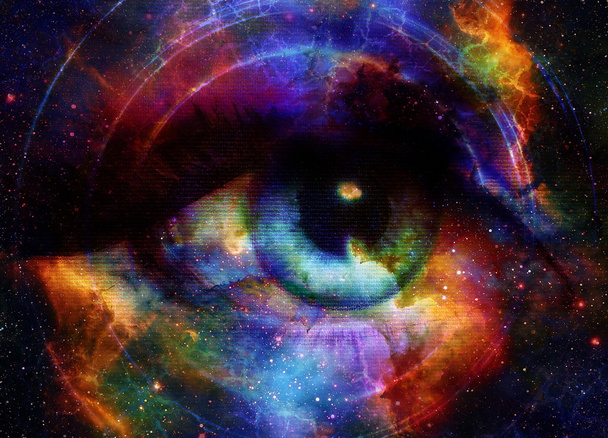 女性の目と星と音楽スピーカー シルエット宇宙空間。抽象的な背景, アイコン タクト, 音楽のコンセプト. - 写真・画像