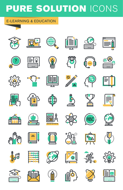 Moderne dunne lijn iconen set van onderwijs op afstand, online leren, onderwijs, Universiteit en cursussen, e-boek en digitale bibliotheek - Vector, afbeelding