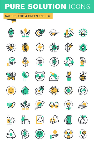 Nowoczesna linia cienka zestaw ikon o ekologii, zrównoważonego technologii, energii odnawialnej, recykling, natura, ochrona flory i fauny - Wektor, obraz