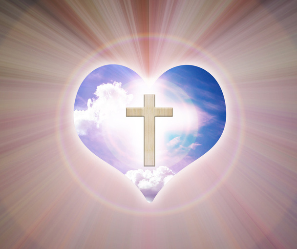 Crucifix and light on heart background   - Photo, Image