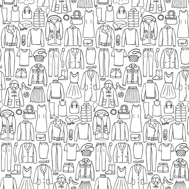 Doodle seamless pattern with woman clothes - Vector, imagen