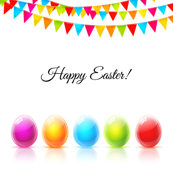 Tarjeta de felicitación feliz Pascua con huevos de colores de vidrio y banderas
 - Vector, imagen