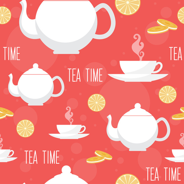 Tea idő zökkenőmentes mintás háttérrel - Vektor, kép