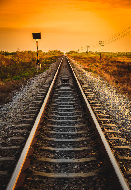 Railway Track in a Rural Scene at Sunrise Time. - Φωτογραφία, εικόνα