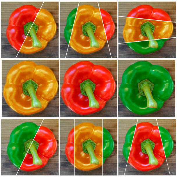 Κολάζ από φρέσκο και γλυκό πράσινο, κόκκινο και πορτοκαλί πιπεριές από το αγρόκτημα αγορά - Φωτογραφία, εικόνα