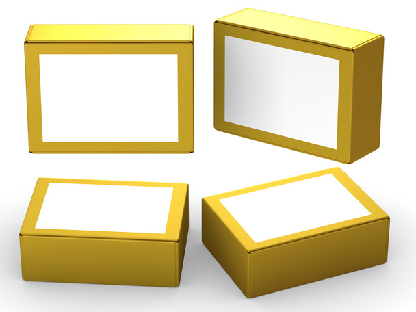 Embalaje de caja de papel dorado con etiqueta blanca
 - Foto, Imagen