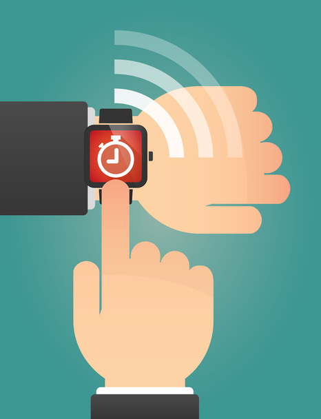Mão apontando um relógio inteligente com um temporizador
 - Vetor, Imagem