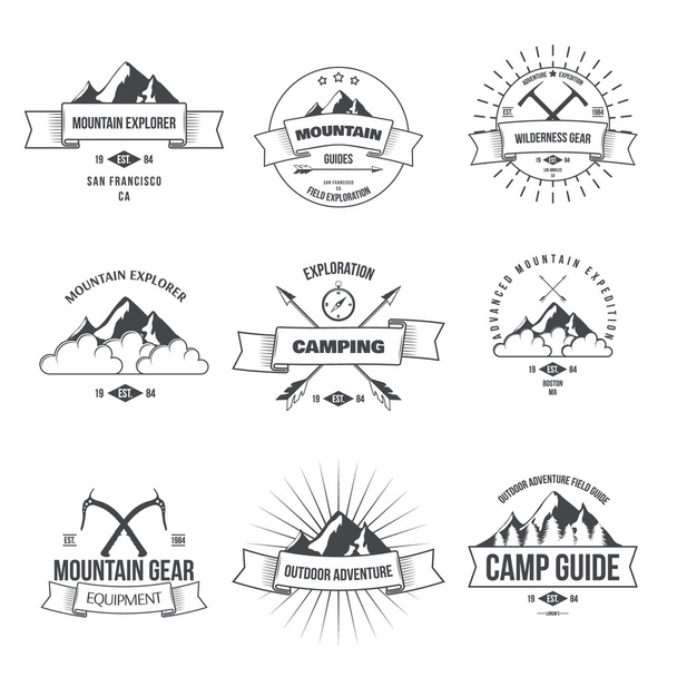 Camping mountains adventure hiking explorer equipment labels set - Vector, imagen