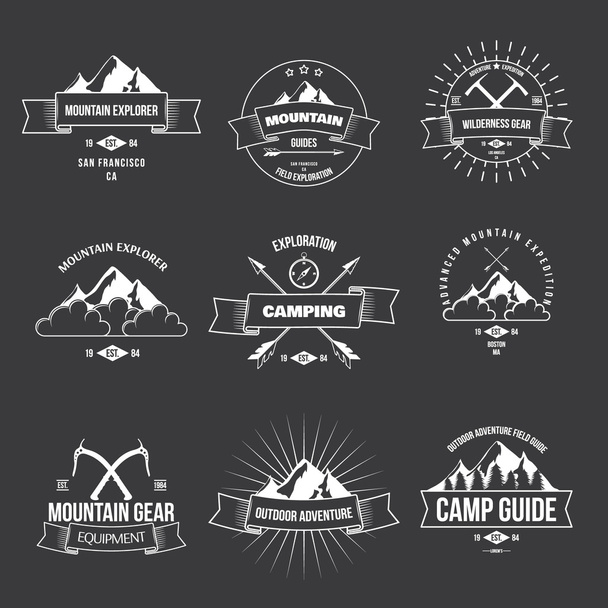 Camping mountains adventure hiking explorer equipment labels - Vector, Image