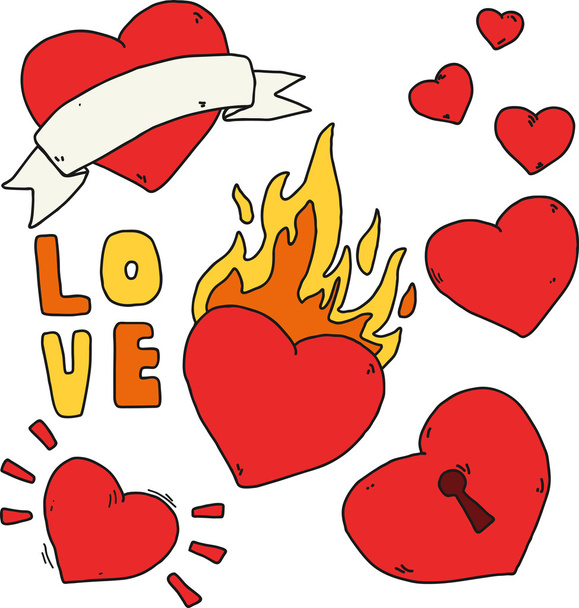 Handwritten set of stickers for Valentine's Day. Heart with fire, lock, ribbon. Flat vector retro tattoo drawings. - Vektor, Bild