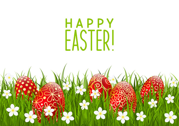 Yeşil çimenlerin üzerinde kırmızı Paskalya yumurtaları - Vektör, Görsel