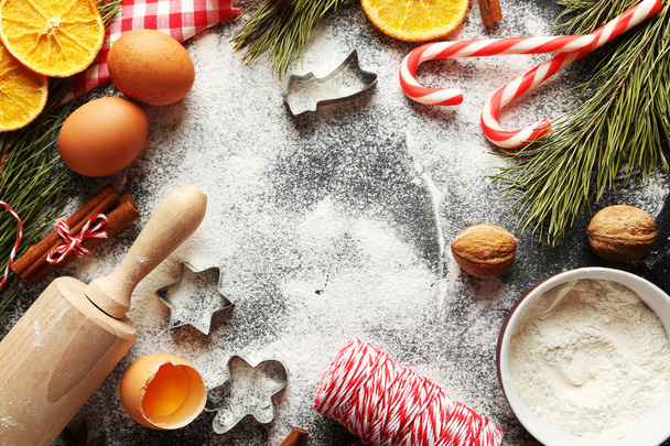 dried oranges, cinnamon, eggs, flour and  star anise - Foto, Imagem