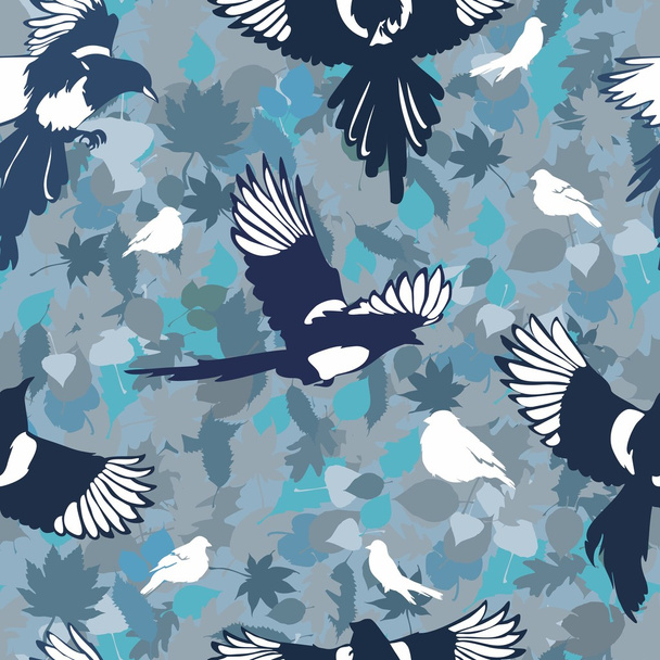 Vector pattern with birds. bright magpies. flowers - Вектор,изображение