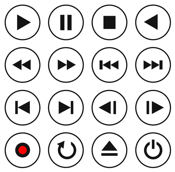 Black and white multimedia control button/icon set - Vector, afbeelding