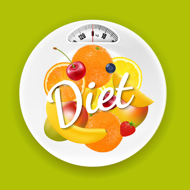 Plate With Weight Scale And Fruits - Vetor, Imagem