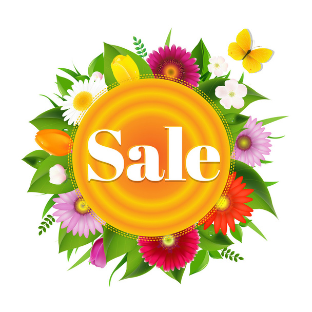 Sale Banner With Flowers and Butterfly - Vector, Imagen