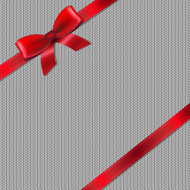 Grey Knitted Background With Red Ribbon - Διάνυσμα, εικόνα