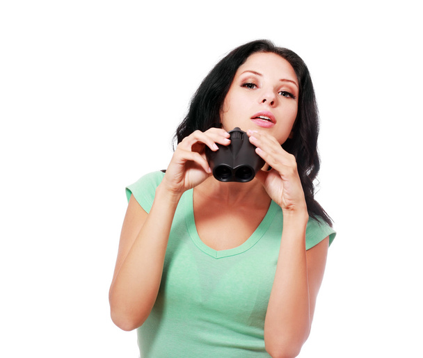 woman with binoculars on white - Valokuva, kuva