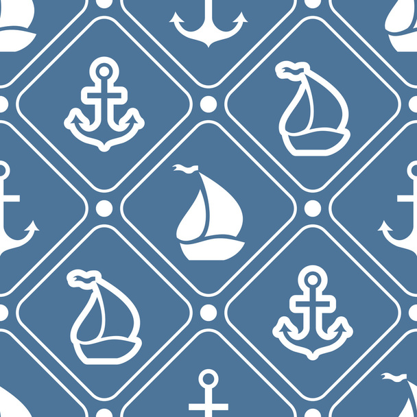 Seamless vector pattern of anchor, sailboat shape and line - Vector, imagen