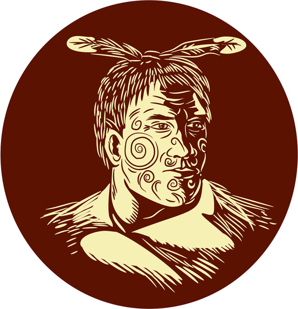Xilogravura de Maori cacique cabeça Oval - Vetor, Imagem