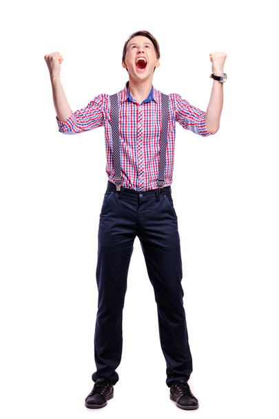 Excited handsome man with hands up - 写真・画像