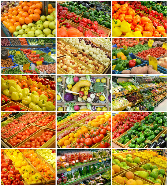 Collage of different grocery markets full of fruit and vegetables - Photo, Image