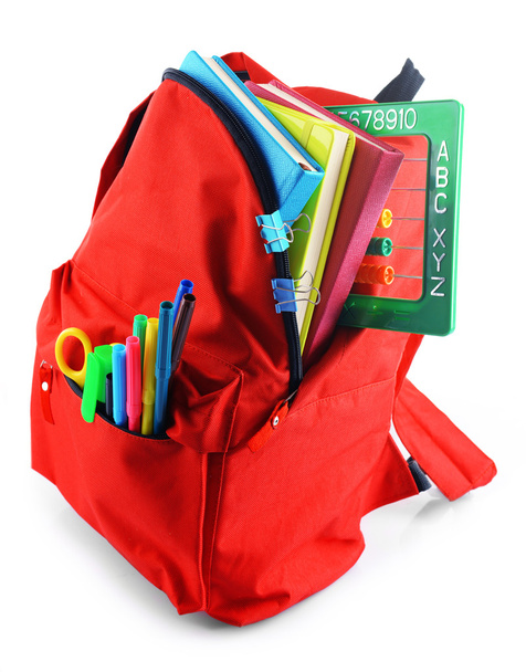 Red backpack with colourful stationary  - Foto, Imagem