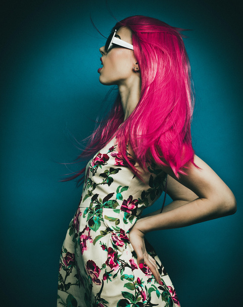 Beautiful fashion model  with pink hair - Фото, изображение
