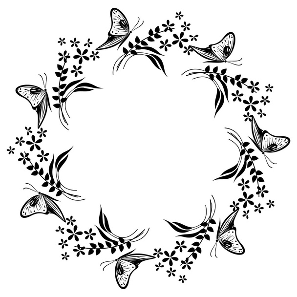 Moldura floral com insetos. Flor preta e branca, folhas e borboletas dispostas em forma de círculo
 - Vetor, Imagem