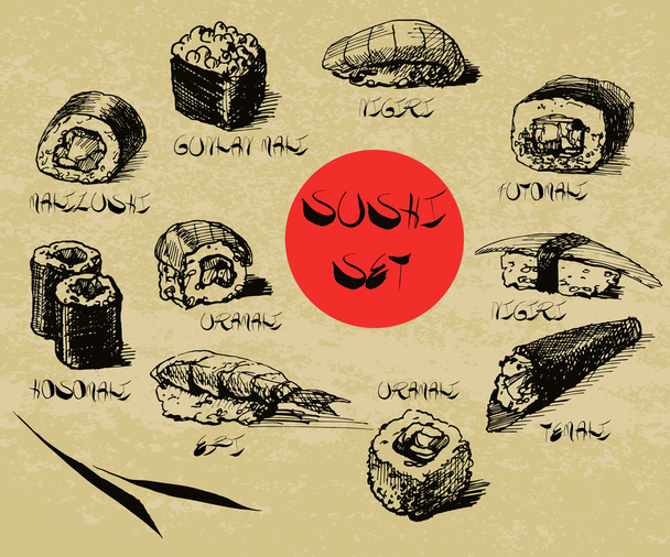Vector hand drawn sushi set with calligraphic text. Sushi, rolls - Vektor, Bild