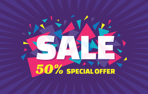 Concept vector banner - special offer - 50% sale. Sale banner with abstract triangle elements. Sale abstract background. Super big sale creative layout. Sale horizontal geometric banner template. - Vektör, Görsel
