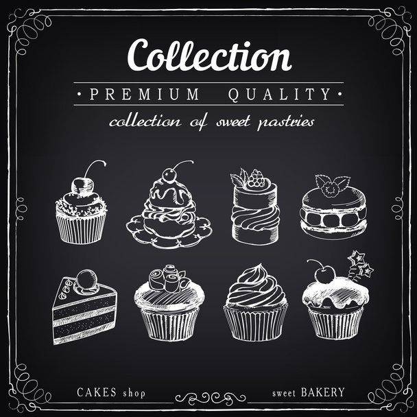 Set of hand-drawn vector icons pastries. Collection of cupcakes - Vector, Image
