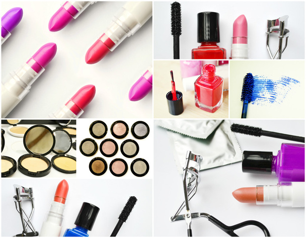 Collage de diferentes conjuntos de cosméticos con rímel negro, esmalte de uñas rosa y rojo y lápiz labial y rizador de pestañas
 - Foto, imagen