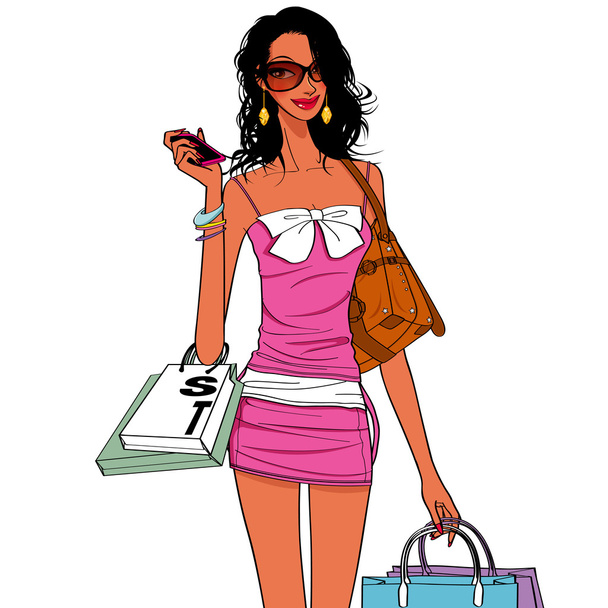 shopping girls, shopping bag holding a cell phone with a nice girl - Vector, Image