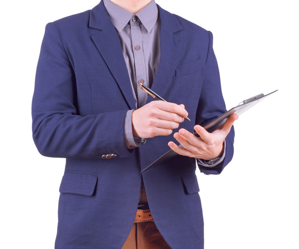 Businessman holding clipboard. Isolated on white background - Fotografie, Obrázek