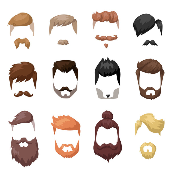 Hairstyles beard and hair face cut mask flat cartoon collection - Vektor, obrázek