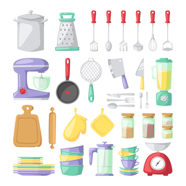 Kitchen dishes vector flat icons isolated on white background - Vector, imagen