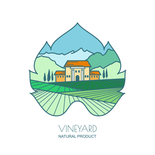 Green landscape with vineyard fields, villa, mountains in grapes - Vektor, obrázek