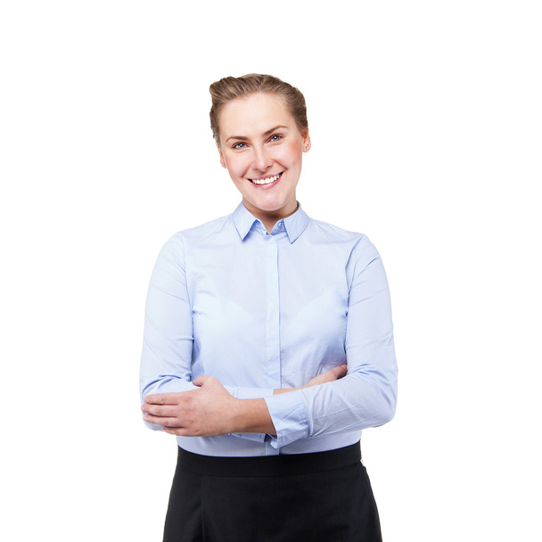 Waitress isolated over white background. Smiling blond woman in  - Foto, immagini