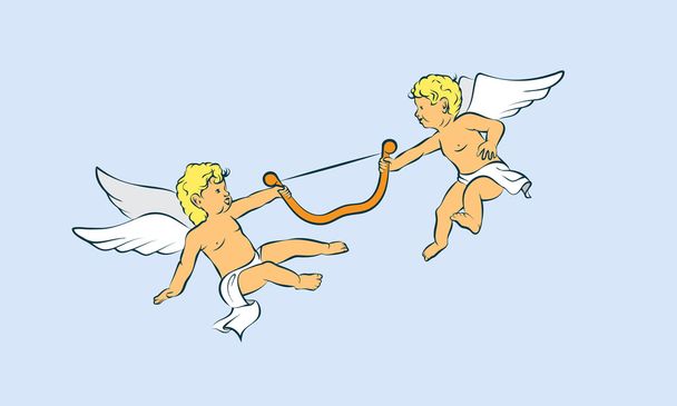 Dibujos animados ángeles Cupido divertido lucha por un arco
 - Vector, Imagen
