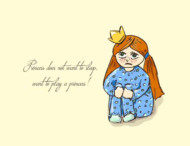 Ручные иллюстрации. Карточка с принцессой. Рыжая девушка в пижаме. Принцесса не хочет спать, хочет играть принцессу
! - Вектор,изображение