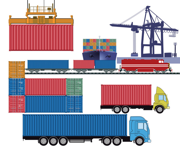 Containers per vrachtwagen en container schip bij de terminal van de industriële haven - Vector, afbeelding