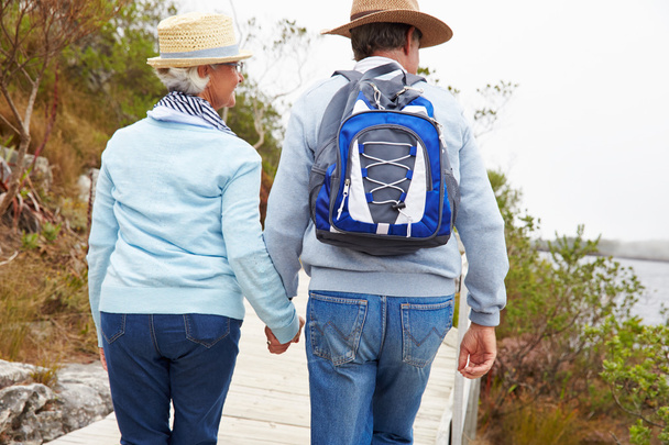 Senior couple walking together by a lake - Photo, Image