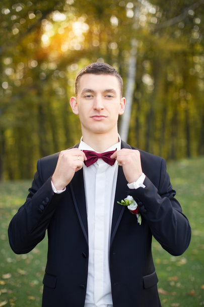 The groom holds a tie and smiles.Portrait of the groom in the park on their wedding day.Rich groom on their wedding day - Zdjęcie, obraz