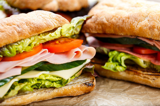 Sandwich a la parrilla con lechuga, rodajas de tomates frescos, pepino, cebolla roja, salami, jamón y queso
. - Foto, Imagen