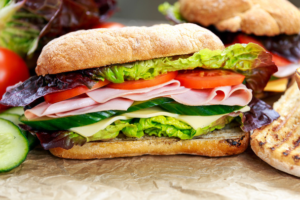 Sandwich a la parrilla con lechuga, rodajas de tomates frescos, pepino, cebolla roja, jamón y queso
. - Foto, imagen