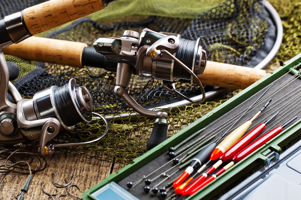 fishing tackle on a wooden table - Photo, Image
