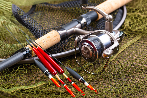 fishing tackle on a wooden table - Photo, Image