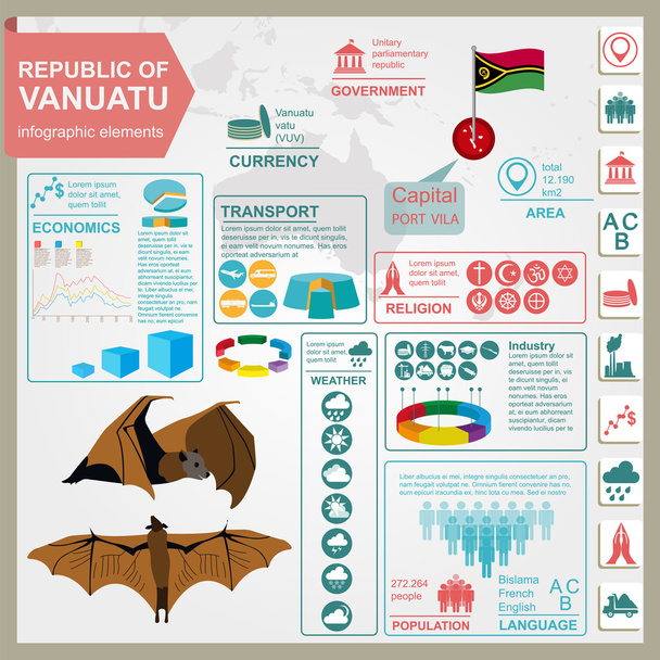 Vanuatun infografiikka, tilastotiedot, nähtävyydet. lentävä kettu
 - Vektori, kuva